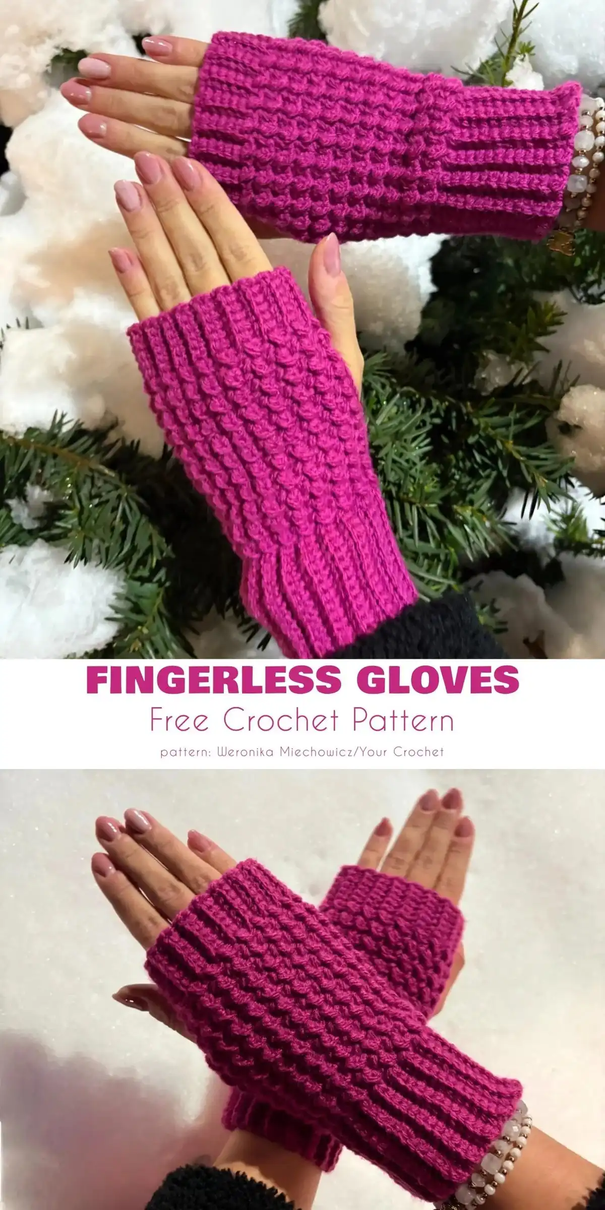 Two hands wearing bright pink, textured crochet fingerless gloves against a snowy outdoor background.
