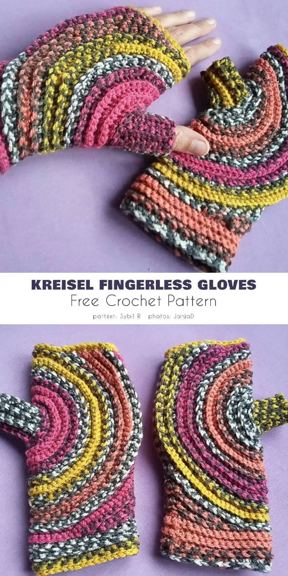 A vibrant interpretation of Kreisel Fingerless Gloves made with variegated YarnArt Crazy Color yarn, showing bold color transitions.