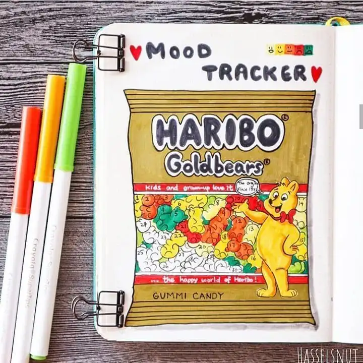 Simple and cute mood circles tracker in a bullet journal, each circle filled with a color or face for daily moods.