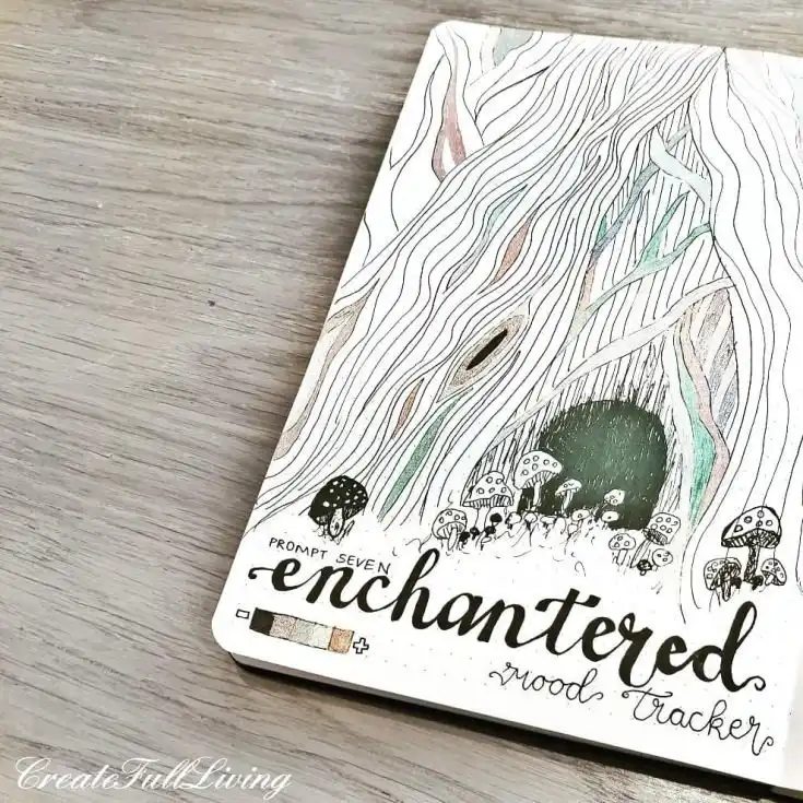 Green plants themed mood tracker in a bullet journal, with leaves and pots colored to reflect daily emotions.