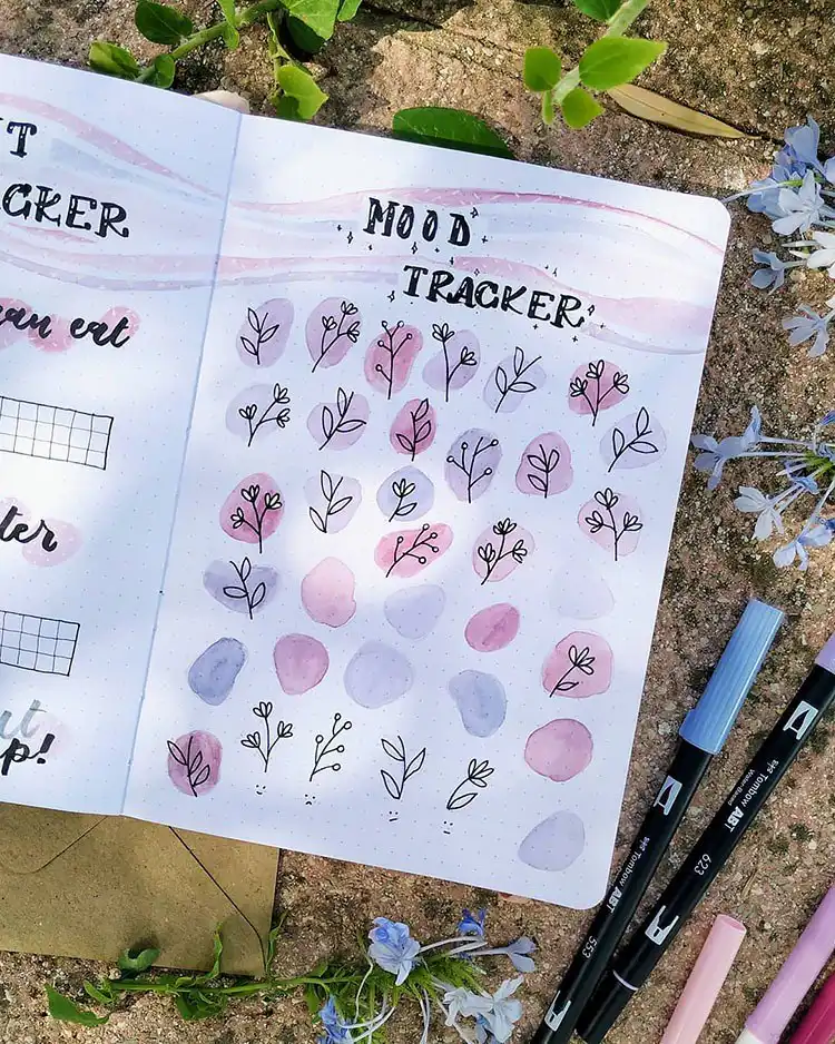 Bullet journal spread showing a glass with a straw, filled daily with colored layers to track emotional states.