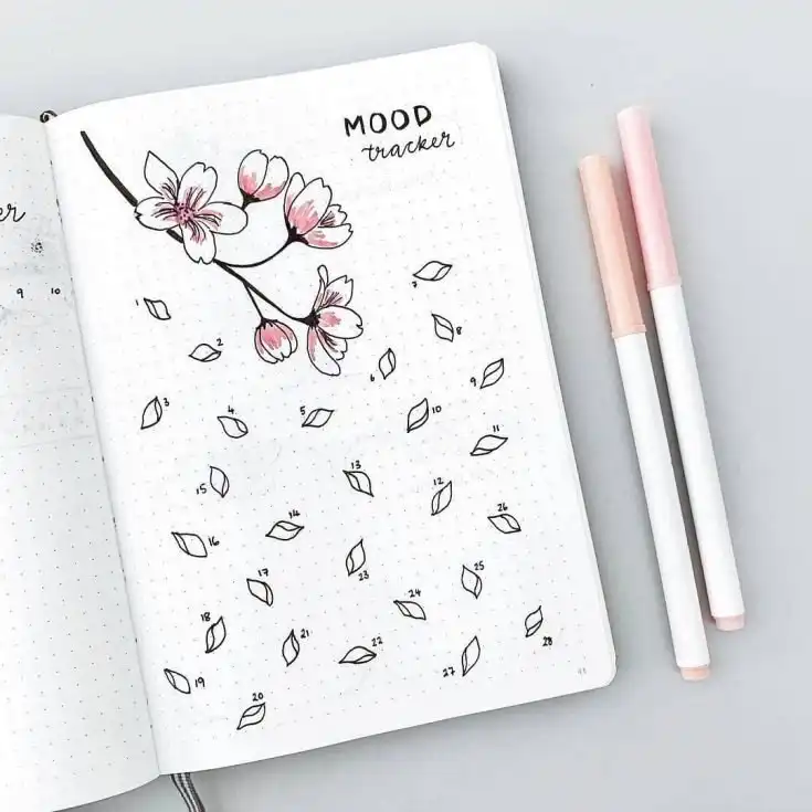 Detailed enchanted forest mood tracker in a bullet journal, with magical elements colored for daily feelings.