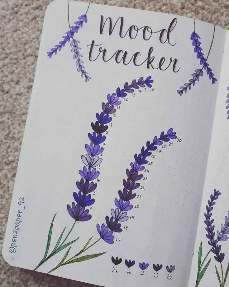 Harry Potter owl mood tracker in a bullet journal, with envelopes carried by the owl colored for daily emotions.