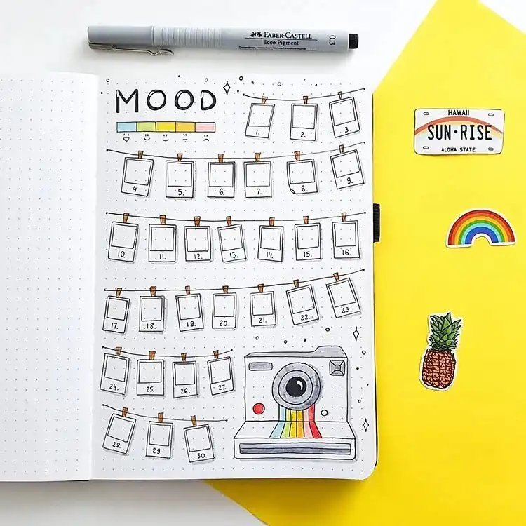 Artist's paint palette mood tracker in a bullet journal, with each paint well colored for a day's emotion.