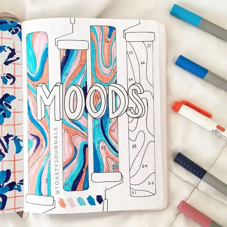 Mystical lunar phases mood tracker in a bullet journal, showing moon cycles and stars in a gold and black palette.