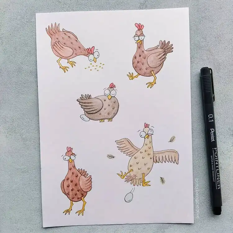 Fun and creative chicken doodles with exaggerated features and whimsical expressions.