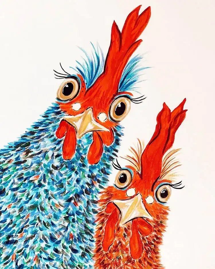 Colorful art piece depicting two vibrant chickens using bold acrylic paints on canvas.
