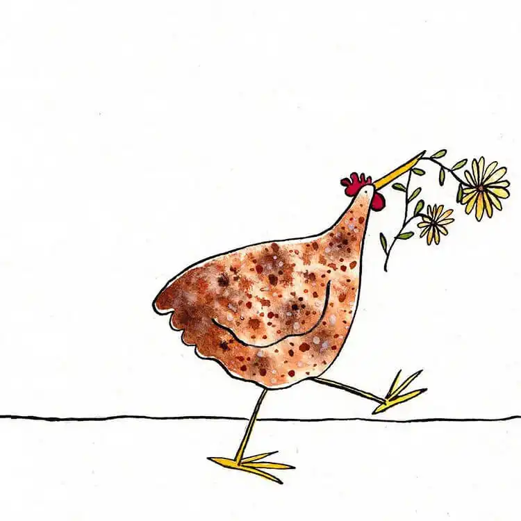 Watercolor painting by Catriona Phillips of a chicken delicately holding flowers, a whimsical scene.