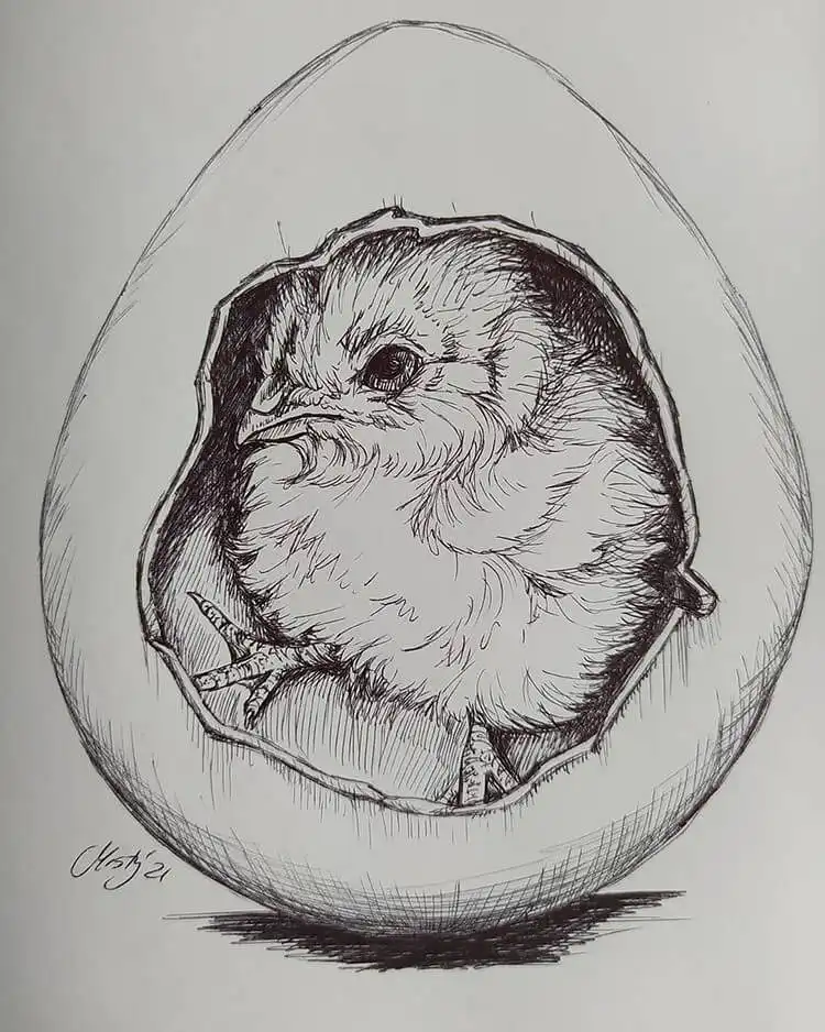 Quick sketch of a baby chick inside an eggshell, perfect for practicing delicate forms.