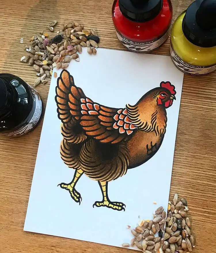 Neo-traditional chicken painting by a tattoo artist, characterized by bold lines and vivid colors.