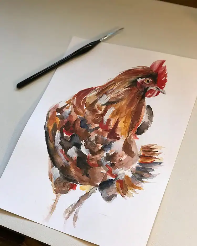 Expressive watercolor chicken painting with soft, blending colors and transparent washes.
