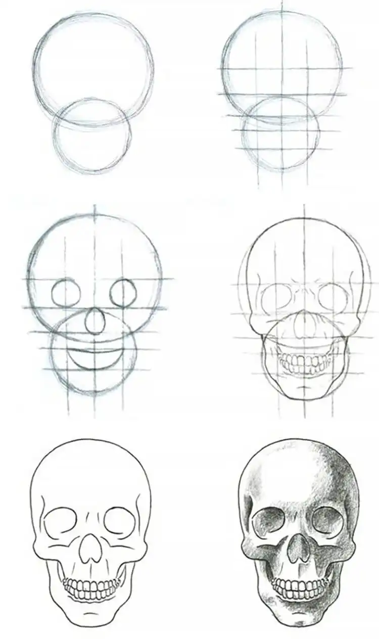 Step-by-step tutorial for drawing a realistic skull with detailed shading and blending.