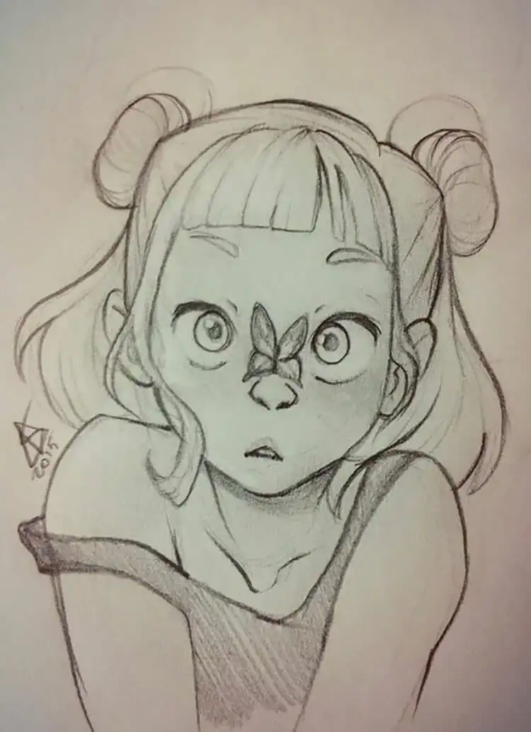 Creative sketch of a girl with a delicate butterfly resting on her nose, adding a whimsical touch.