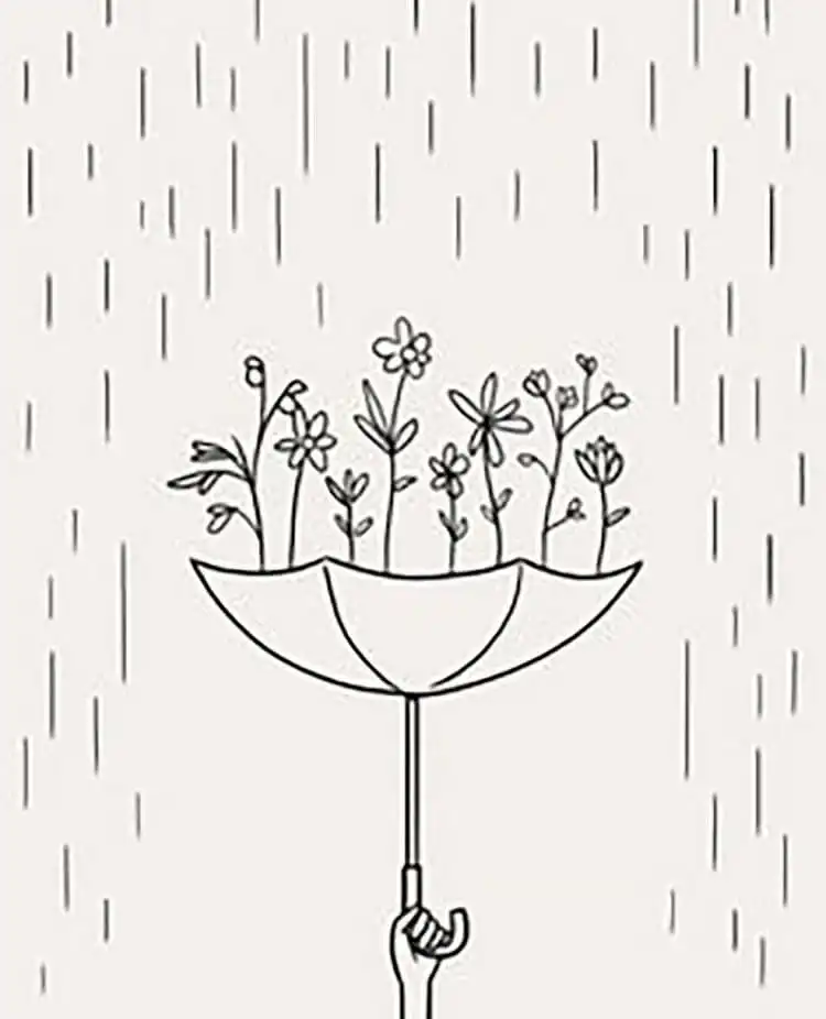 Whimsical drawing of vibrant flowers blooming from an open umbrella, showcasing creative composition.