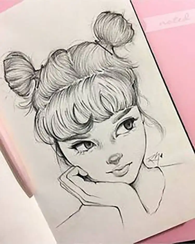 Character sketch of a girl with expressive pigtails and bangs, focusing on facial features and hair dynamics.