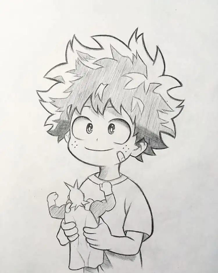 Fan art drawing of Izuku Midoriya from My Hero Academia, highlighting anime style and dynamic pose.
