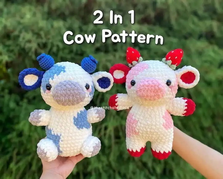Millie the Cow, a traditional crochet dairy cow plushie in cream and brown colors, exuding classic farm charm.