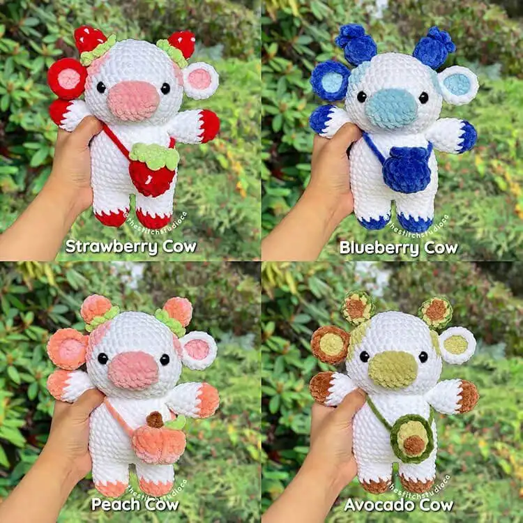 A vibrant collection of 12-in-1 Fruit Cows, showcasing various fruit designs like watermelon, lemon, and grape cows.