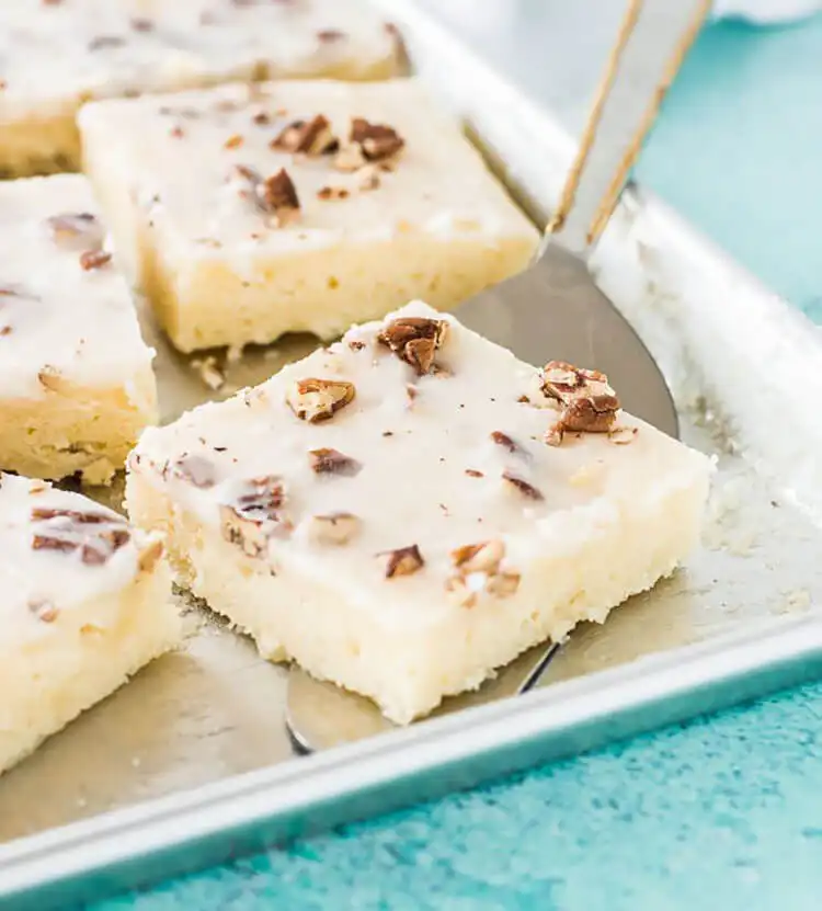 White Texas sheet cake with a shiny white glaze