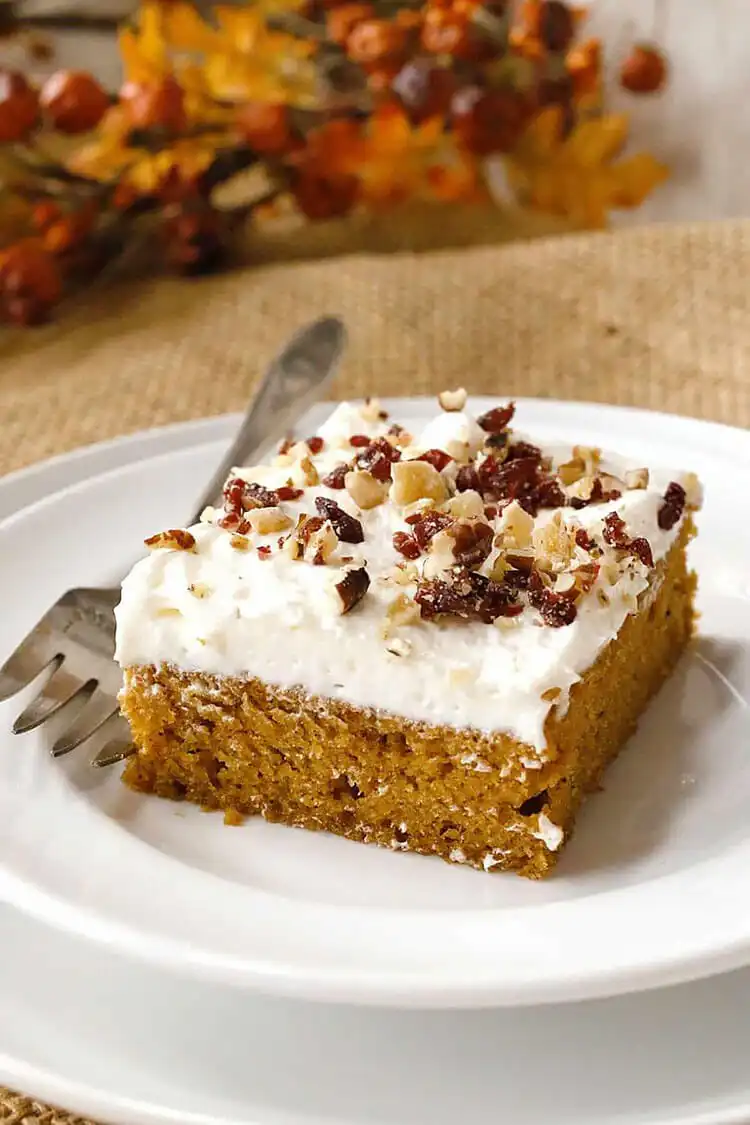 Pumpkin sheet cake with thick cream cheese frosting