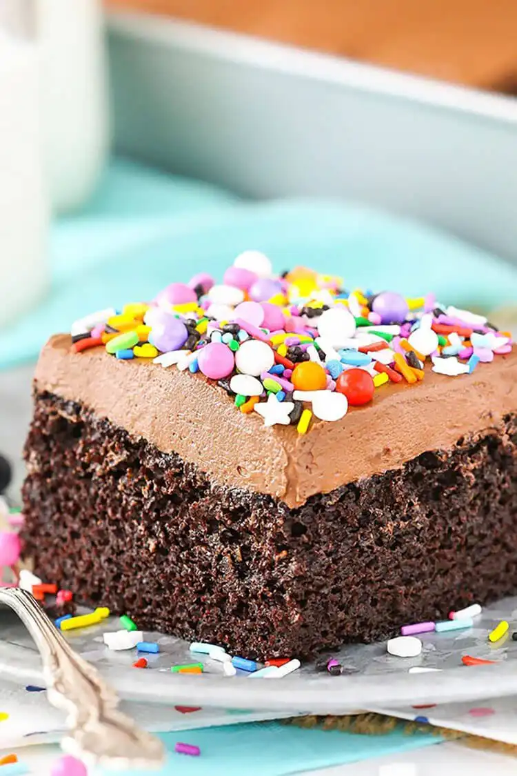 Close-up of a moist chocolate sheet cake slice