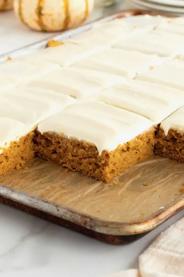 Autumnal pumpkin sheet cake with a light dusting of spice