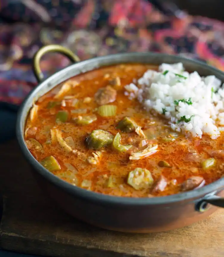 Bowl of rich rabbit and squirrel gumbo with rice, garnished with green onions, a Cajun delight