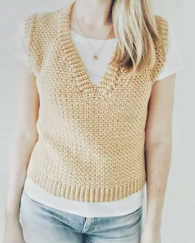 A classic Toffee Shop Vest with a flattering V-shaped neckline in a rich, warm color.