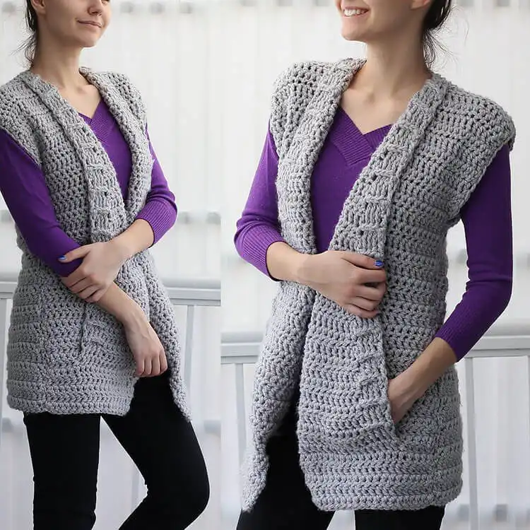 A unique Aria Vest, demonstrating its adaptable design suitable for different yarn weights and seasons.