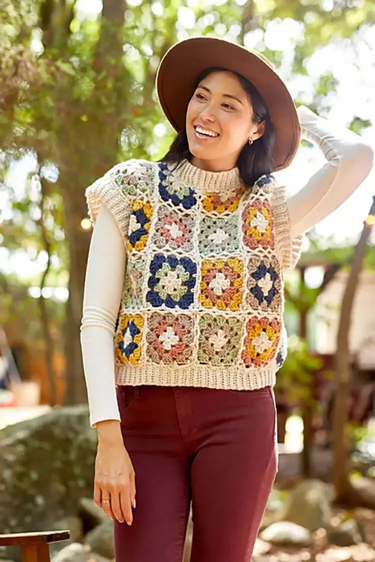 A beautifully constructed Granny Square Vest showcasing the various stitches and joining methods.