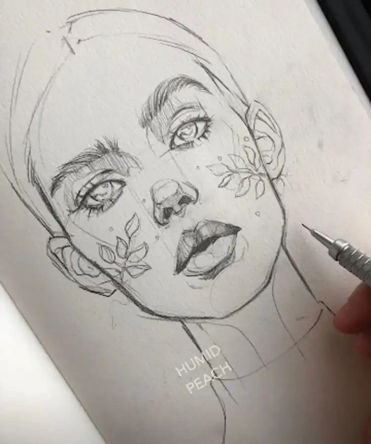 Pencil drawing of a woman looking upwards towards the sky, demonstrating perspective.