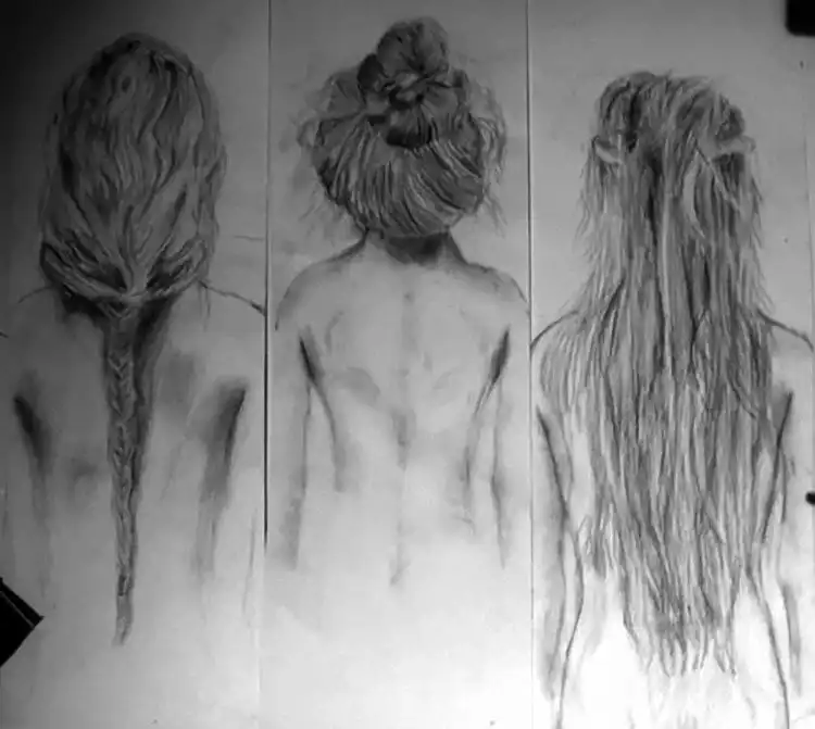 Collection of various hairstyles drawn from behind, illustrating different textures and forms in pencil.