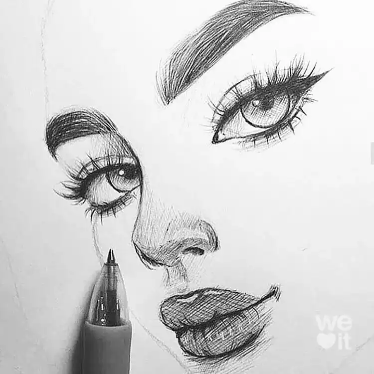 Detailed study of feminine facial features in pencil art: eyebrows, eyes, nose, and lips.