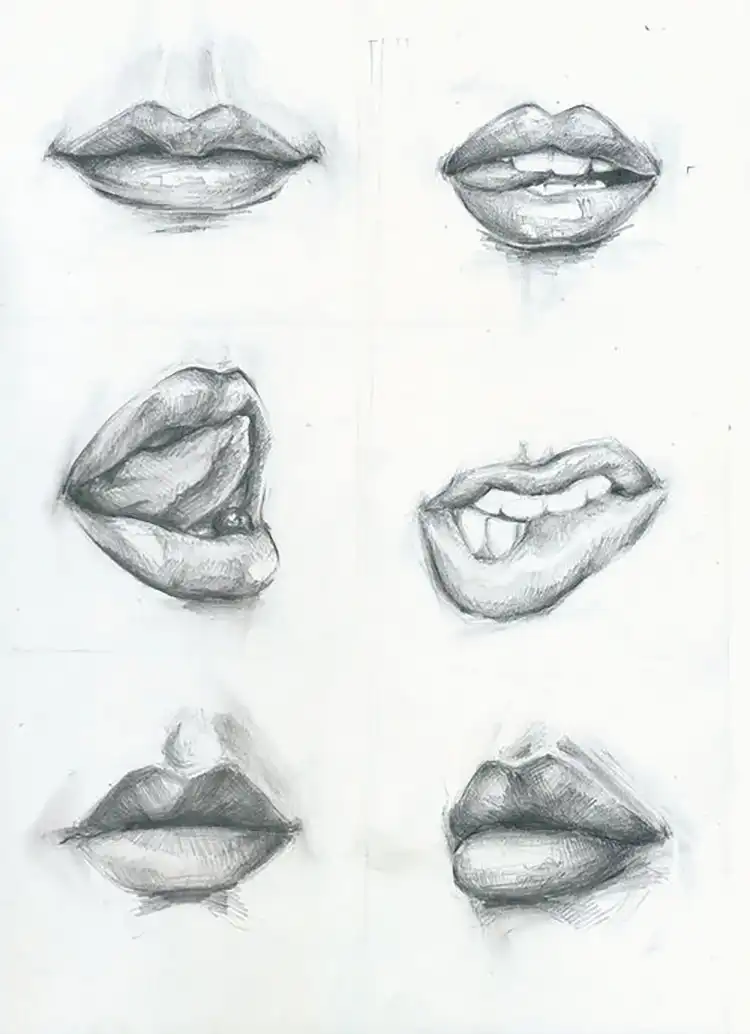Set of mouth expressions drawn in pencil, showing various emotions and angles.