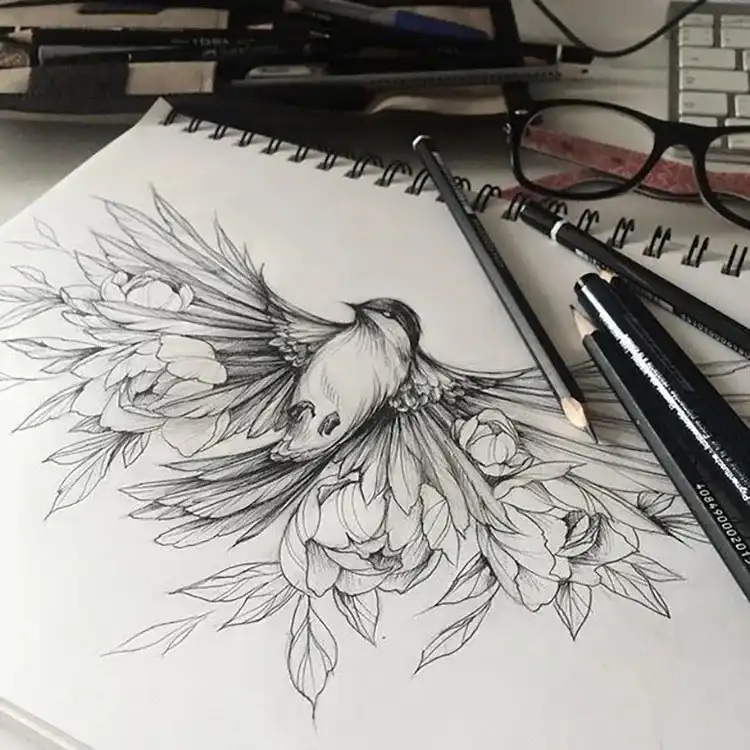 Whimsical pencil drawing of a bird with flowers emerging from its wings.