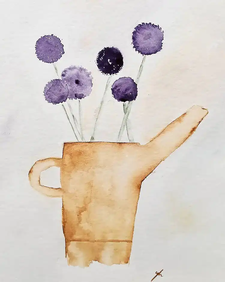 Watercolor flowers arranged in a pot, adding a charming domestic touch and compositional balance to the art.