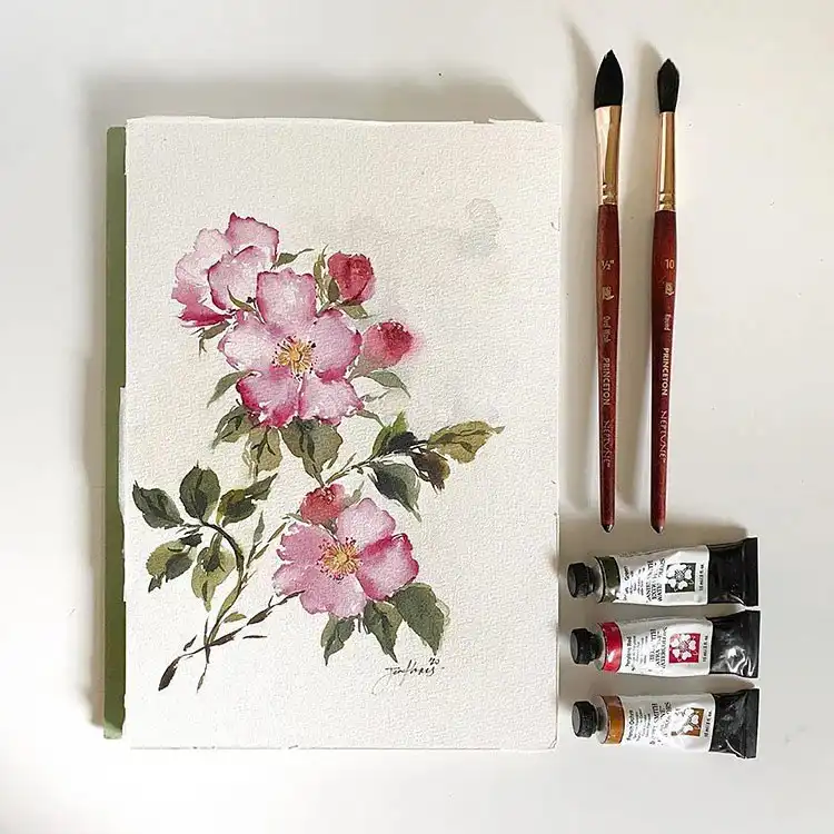 A vibrant watercolor flower painting showcasing bright oranges, pinks, and greens in a dynamic composition.