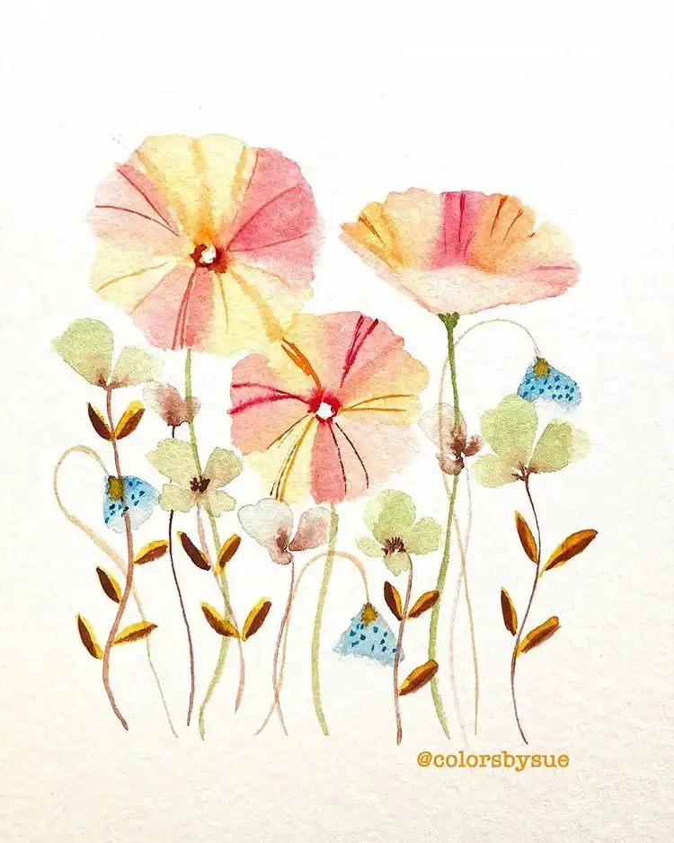 A charming watercolor painting of diverse wildflowers, showcasing organic arrangements and fluid brushstrokes.