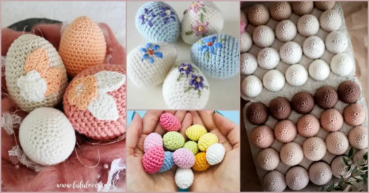 A vibrant collection of 20+ Free Crochet Easter Egg Patterns featuring various colors, designs, and animal themes like bunnies and chicks, arranged artfully for a festive display.