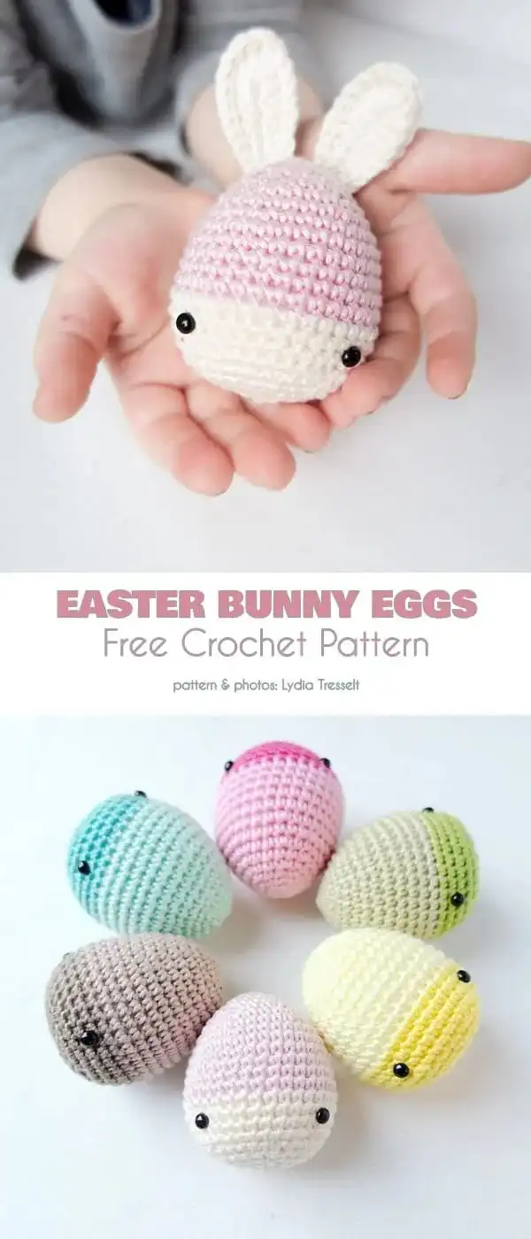 Several crocheted Easter eggs designed as popular emojis, featuring distinct facial expressions on bright yellow, pink, and red bases.