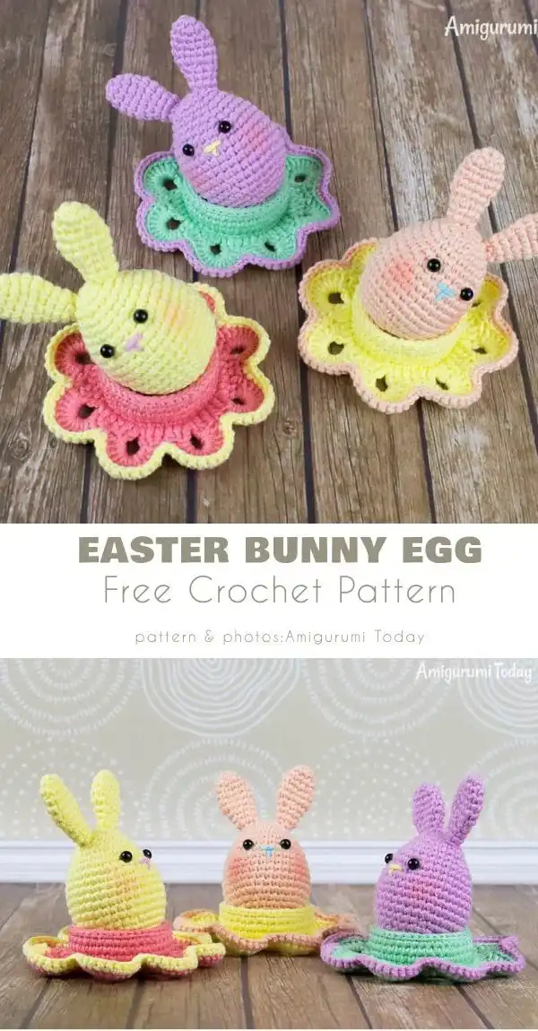 A light blue crocheted Easter egg shaped like a bunny with upright ears, showcasing the Bunny Egg pattern for Easter egg hunts.