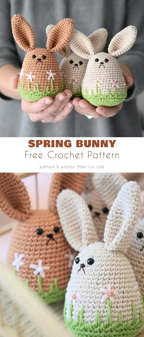 An amigurumi Easter egg-shaped bunny with a large, round body, small arms, and cute bunny features.
