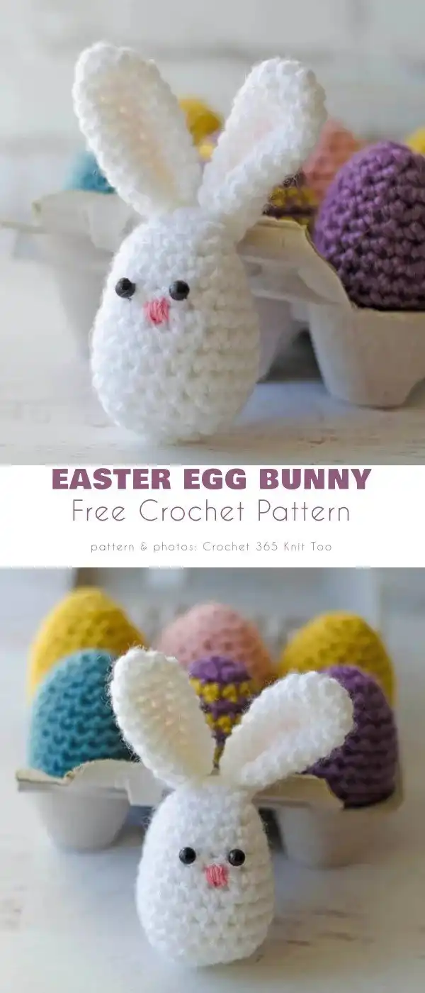 A family of crocheted spring bunnies, some with flowers, designed as Easter eggs, illustrating the Spring Bunny pattern.