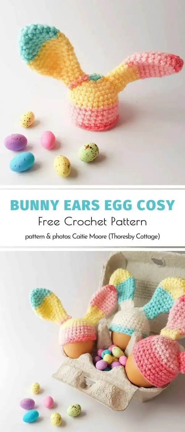A white crocheted Easter egg bunny with comically large ears, highlighting the 'Eary' Easter Egg Bunny pattern.