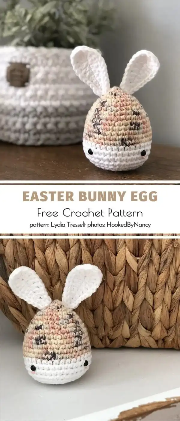 A cheerful bunny ears egg cosy in sunny yellow with turquoise and pink accents, perfect for keeping eggs warm.