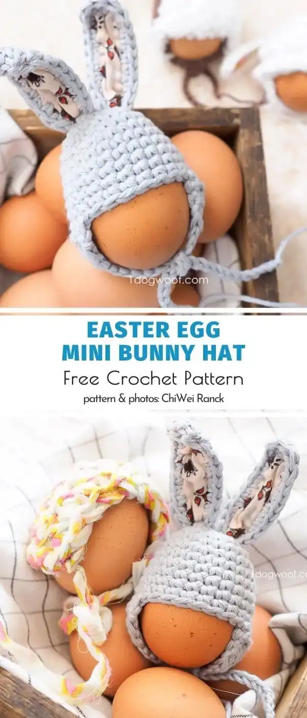 A complete crochet set featuring a small Easter basket, several mini eggs, and a bunny egg, all coordinated.