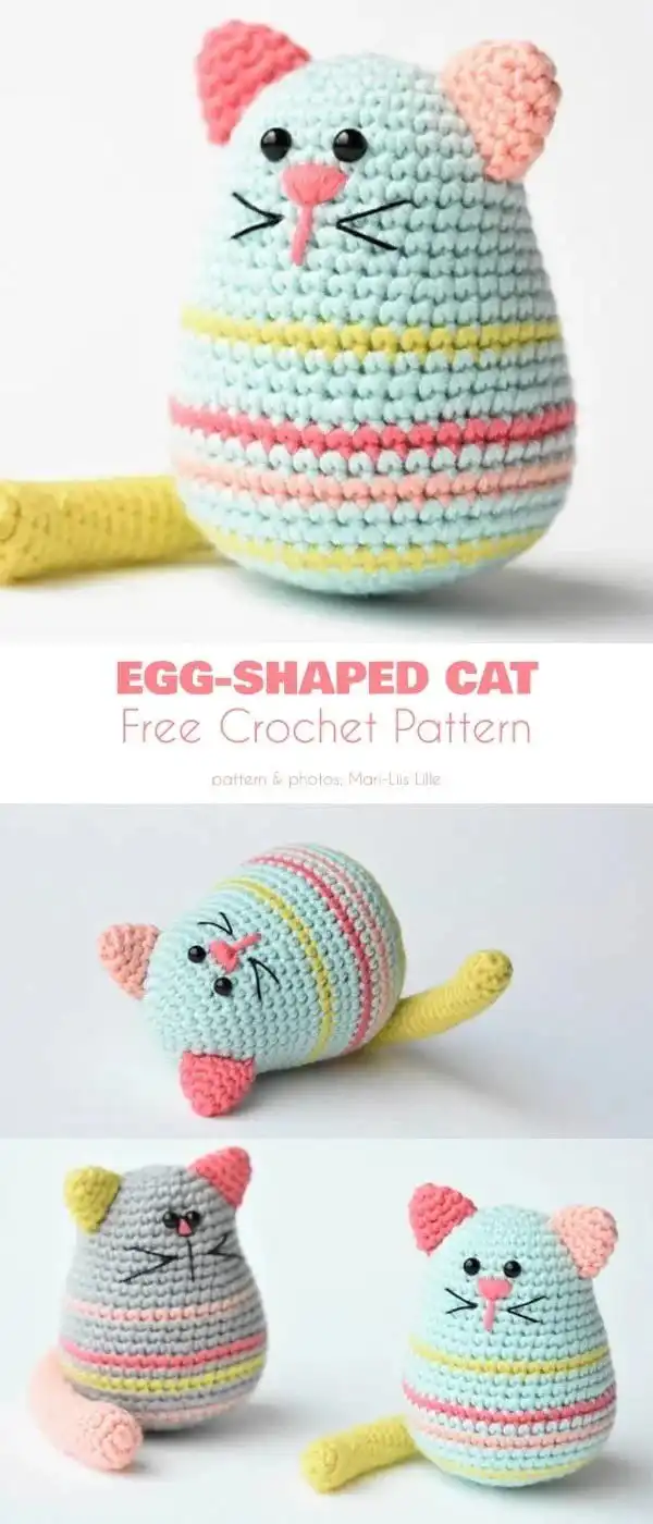 Decorated Easter eggs wearing mini crocheted bunny hats with floral patterns on their long ears, from the Easter Egg Mini Bunny Hat pattern.