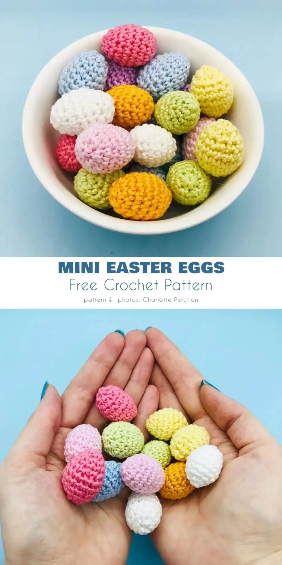 A dozen small, simply crocheted Easter eggs in natural colors like cream, brown, and speckled white, demonstrating the Small Eggs crochet pattern.