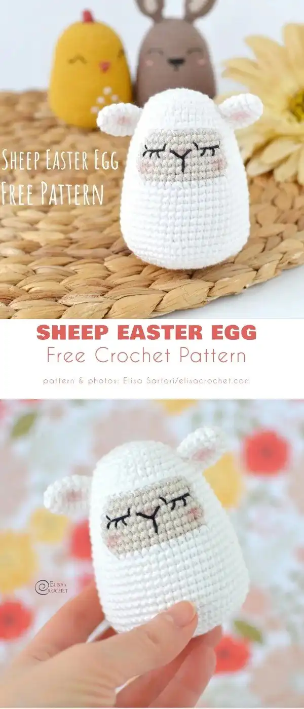 An egg-shaped amigurumi cat with pointy ears, whiskers, and a tail, combining Easter and feline themes.