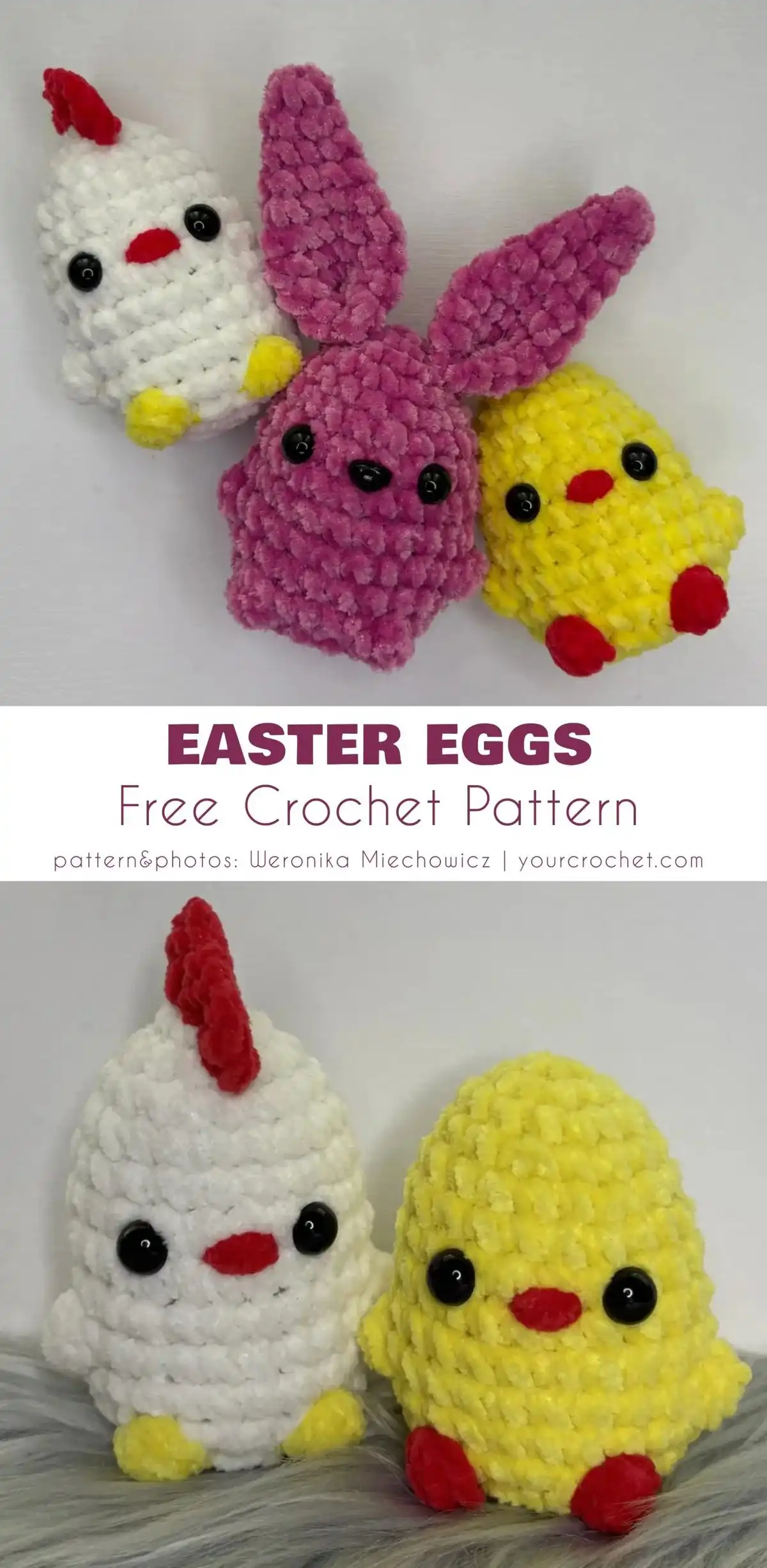 A trio of plush crochet animals including a white chicken, a purple bunny, and a yellow chick, designed as Easter eggs for festive decor.